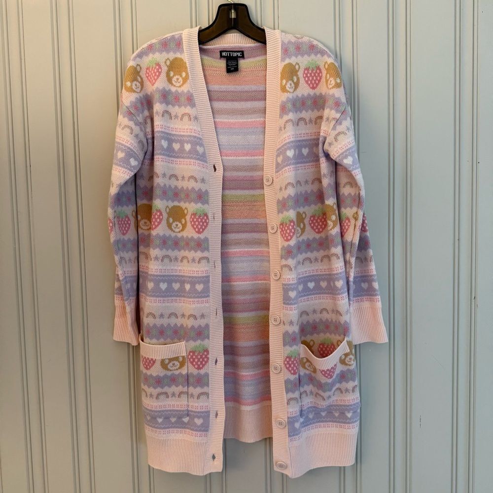 Hot Topic Multicolor Bear and Heart Cardigan- Strawberry Shortcake vibes